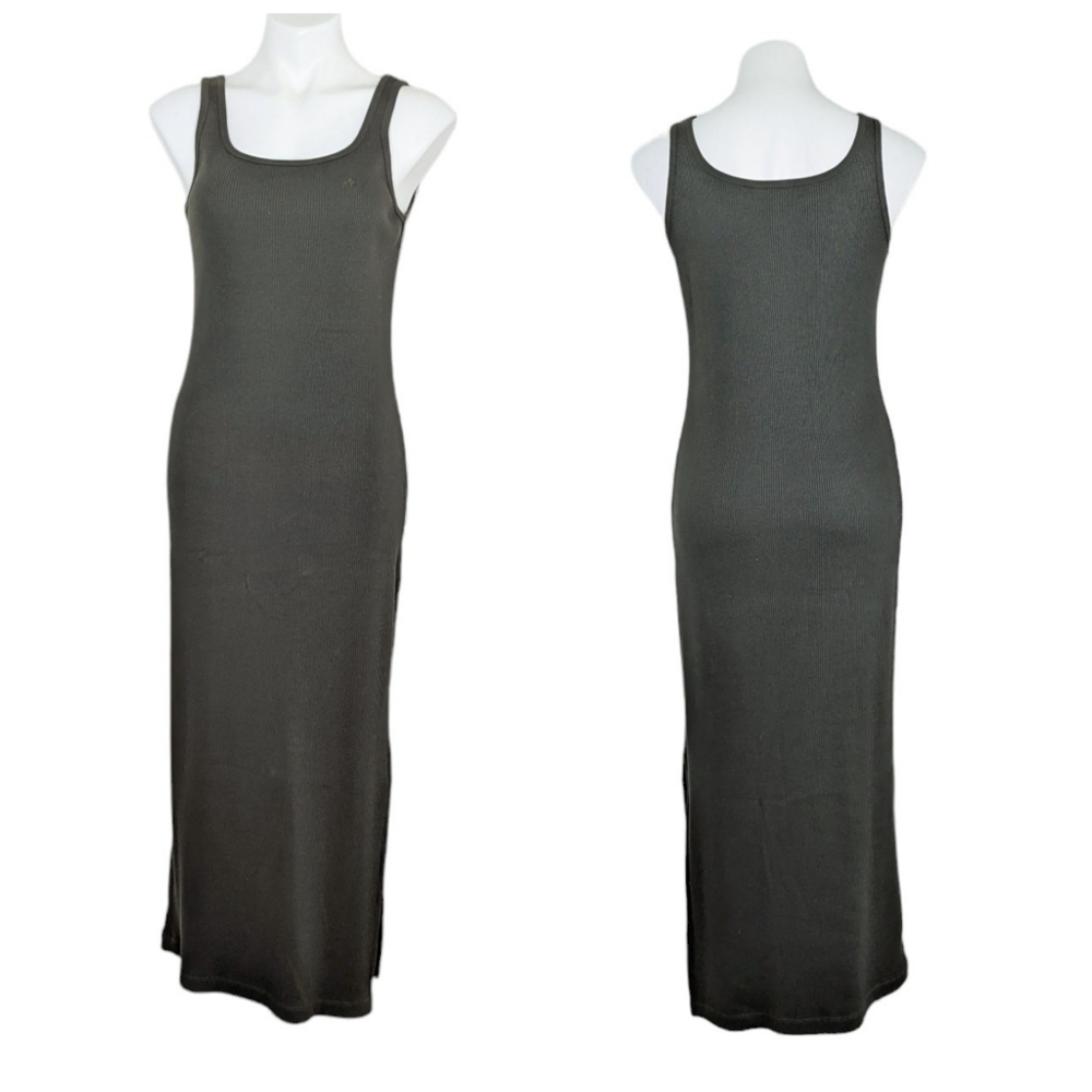 VTG Lauren Ralph Lauren Olive Green Ribbed Sleeveless Maxi Dress Side Slit